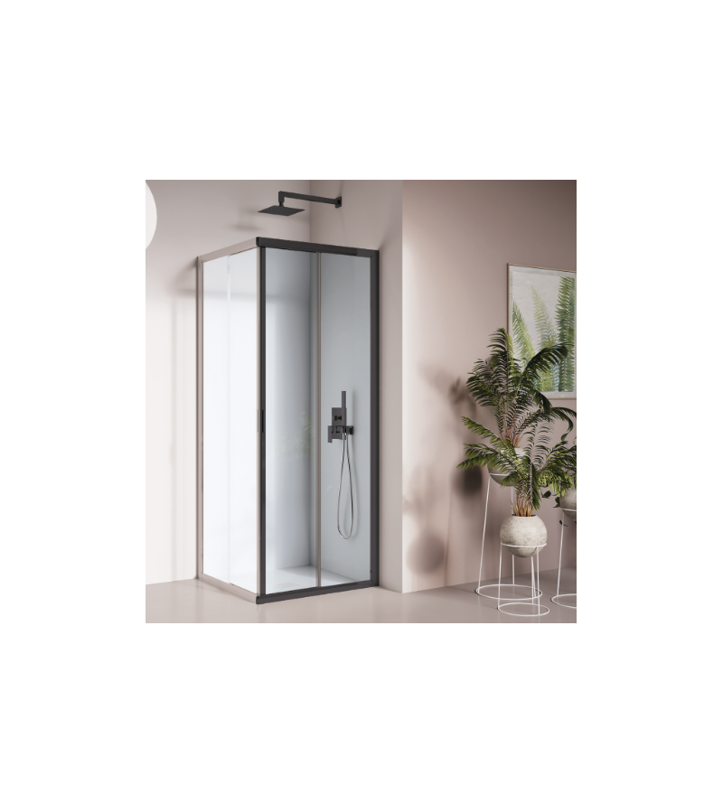 Corner shower enclosure for shower tray 70 x 100 cm in matt black profile color Samo America 4 B6482+B6491