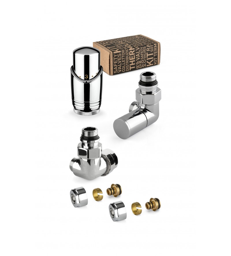 Chrome-coloured furnishing valve kit with thermostatic valve on the left and connection multilayer pipes APM 130KC 015 M 16 12