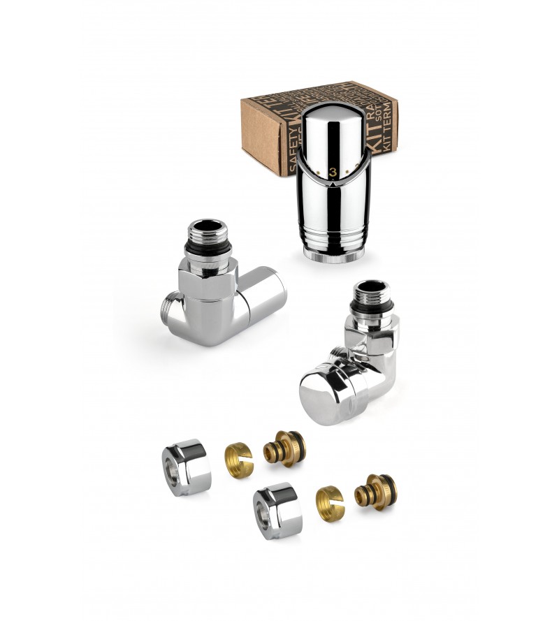 Chrome-coloured furnishing valve kit with thermostatic valve on the right and connection multilayer pipes APM 135KC 015 M 16 12