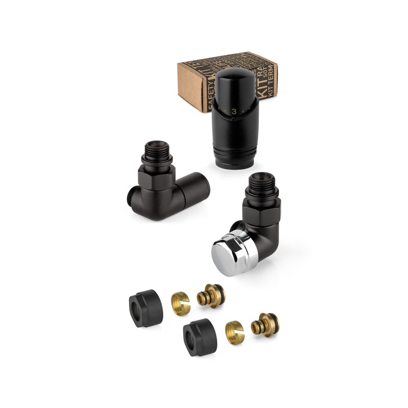 Black and chrome furnishing valve kit with thermostatic valve on the right APM 135KNN 015 M 16 12