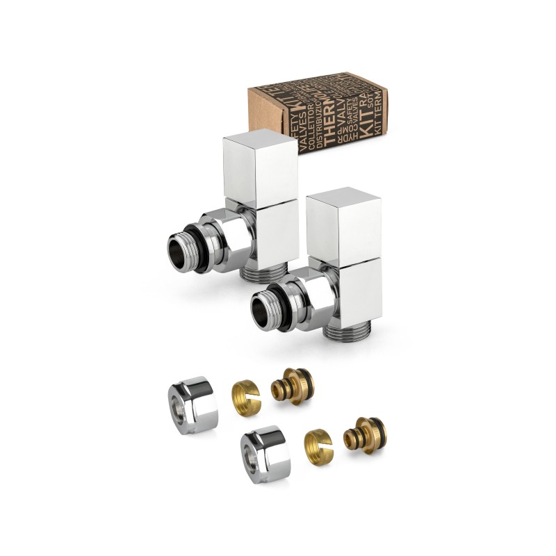Chrome-coloured square furnishing valve kit with compression connection and adapter for multilayer pipes APM 207KC 015 M 16 12
