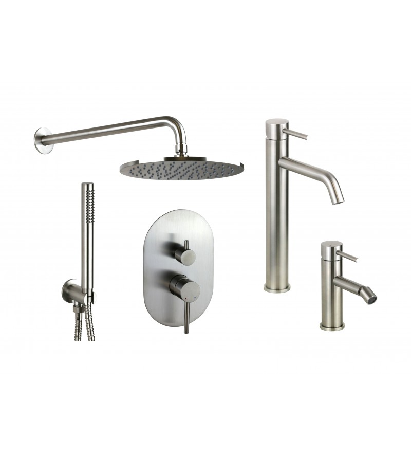 Complete kit with high bidet basin mixers and shower kit in AISI 316 steel Pollini Jessy Steel KITJESSYSTEEL3