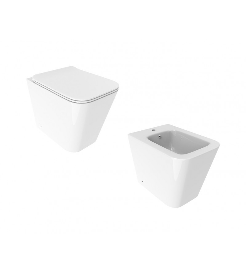 Pair of sanitary ware with toilet and bidet for floor installation in glossy white Ercos Wave KITWAVE1