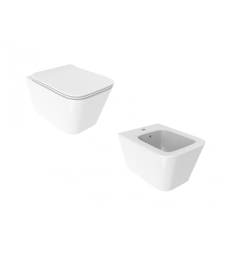 Pair of sanitary ware wc and bidet suspended installation in glossy white Ercos Wave KITWAVE2