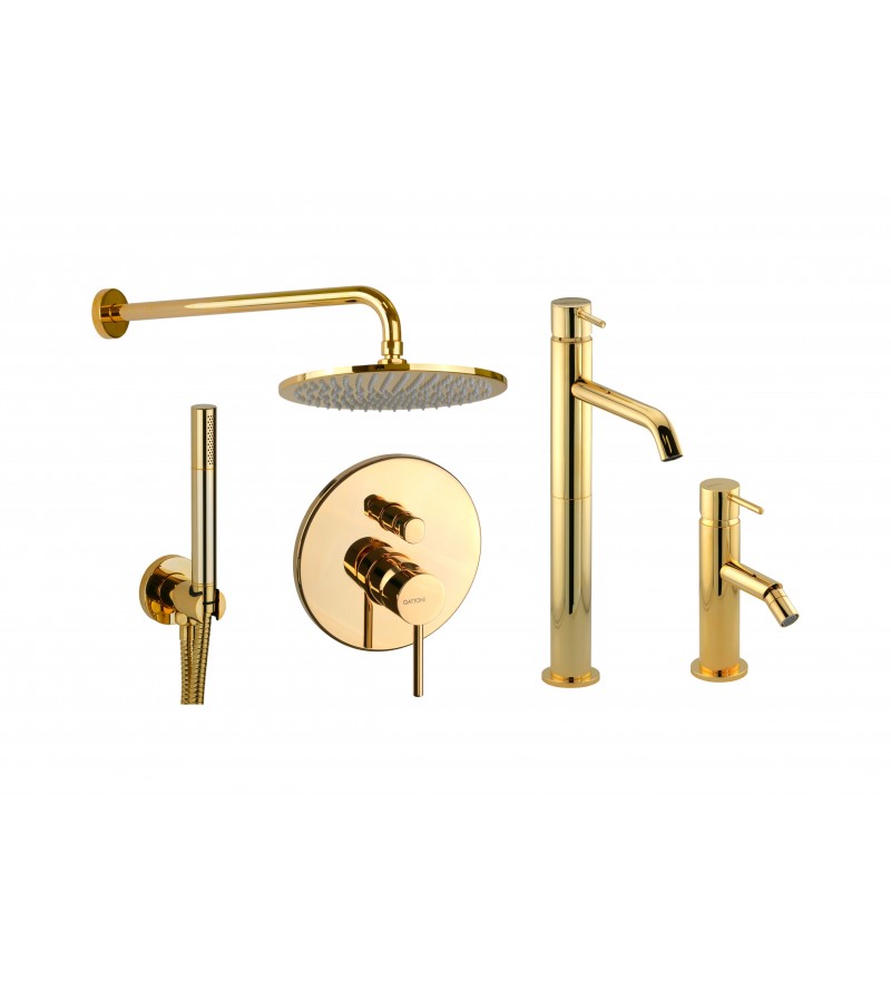High basin mixer set, bidet mixer and shower kit in gold color Gattoni Easy KITEASYDO5