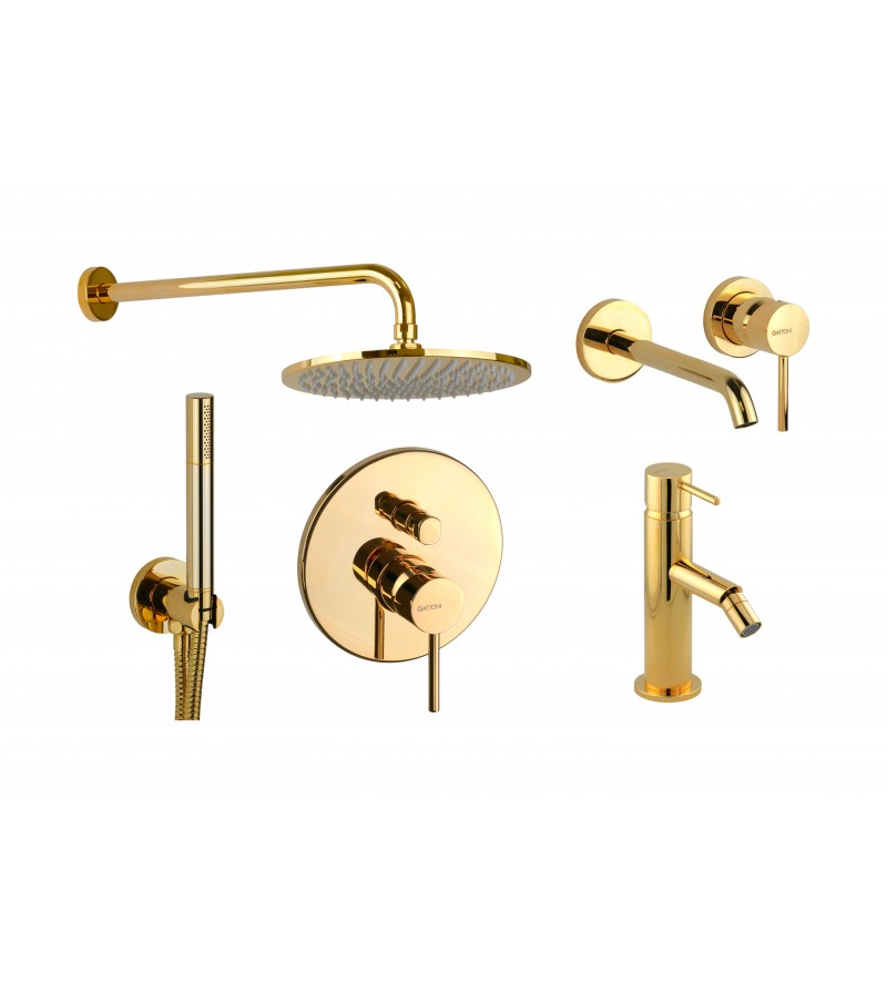 Wall-mounted basin mixer set, bidet mixer and shower kit in gold color Gattoni Easy KITEASYDO6