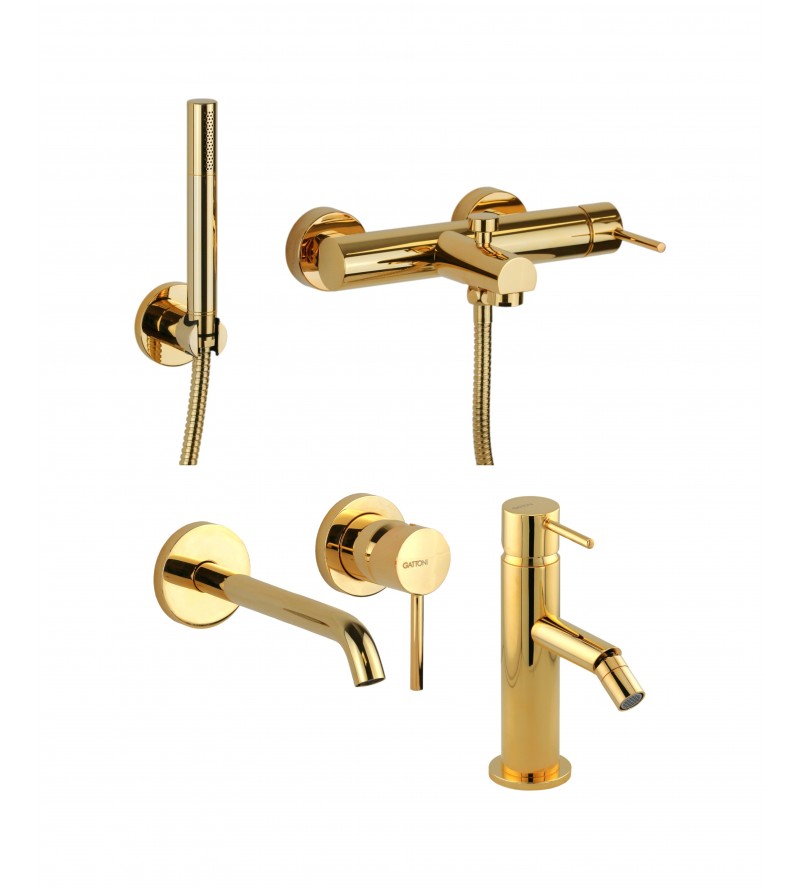 Wall-mounted basin mixer set, bidet mixer and bathtub kit in gold color Gattoni Easy KITEASYDO9