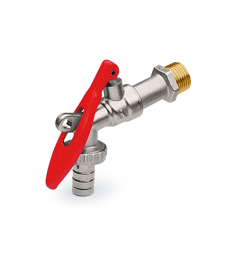 Válvula de bola de conexión de 1/2" con palanca "candado" dibujada en rojo y conexión de manguera APM 2080 015