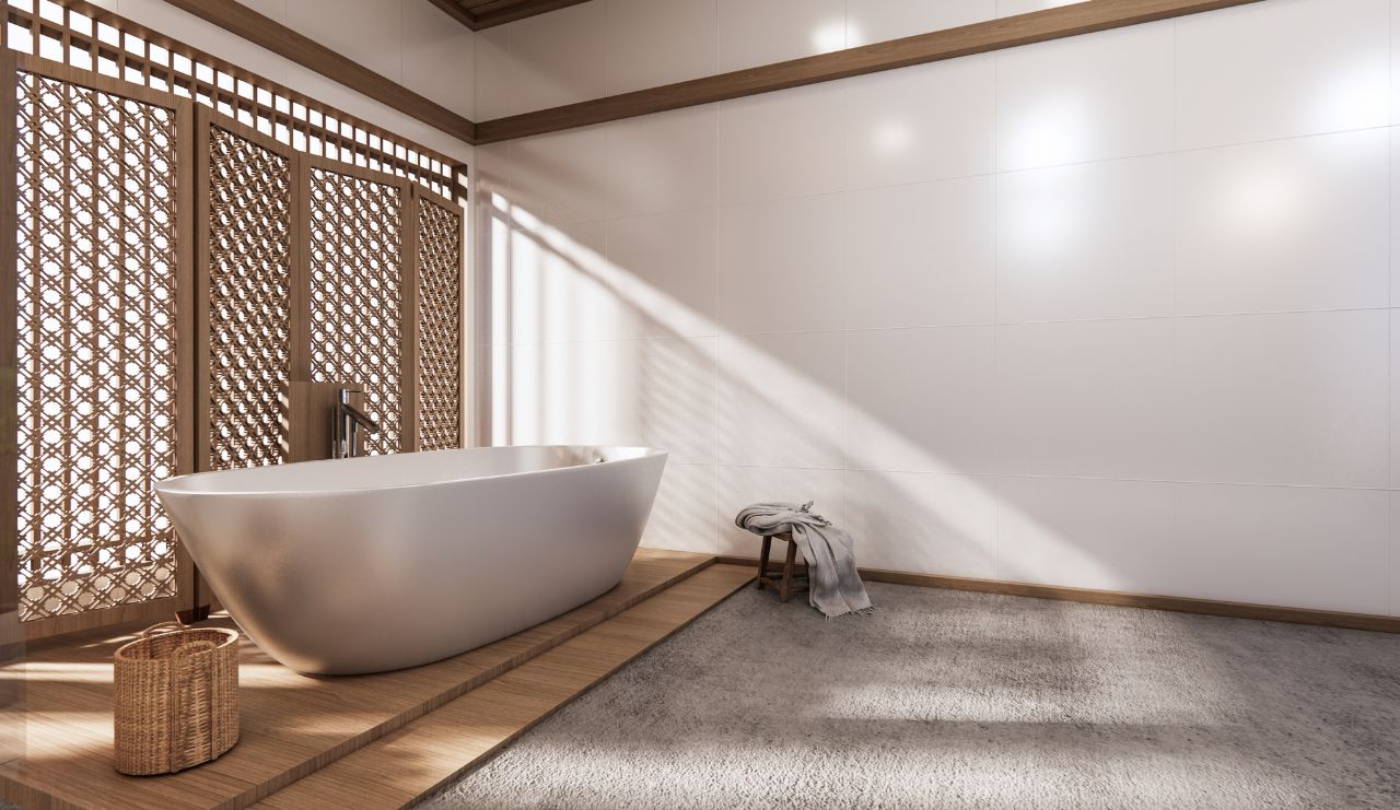 Fotografia di un bagno in stile Japandi tendente al grigio.