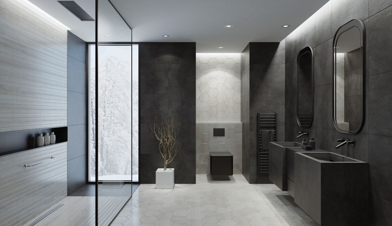 Fotografia di un bagno grigio moderno.